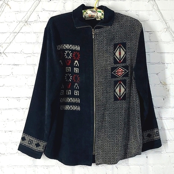 Vintage Chico's Design Navy Blue Black Southwestern Full Zip Jacket Shacket Sz 2 - Picture 9 of 17